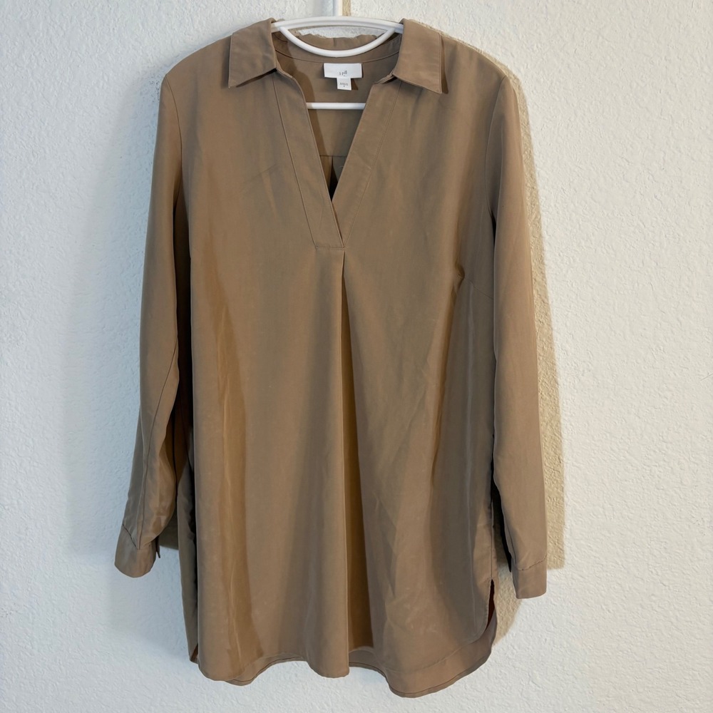 J. Jill V-Neck Tunic Top Size Small Tan Long Sleeve Tencel Modal